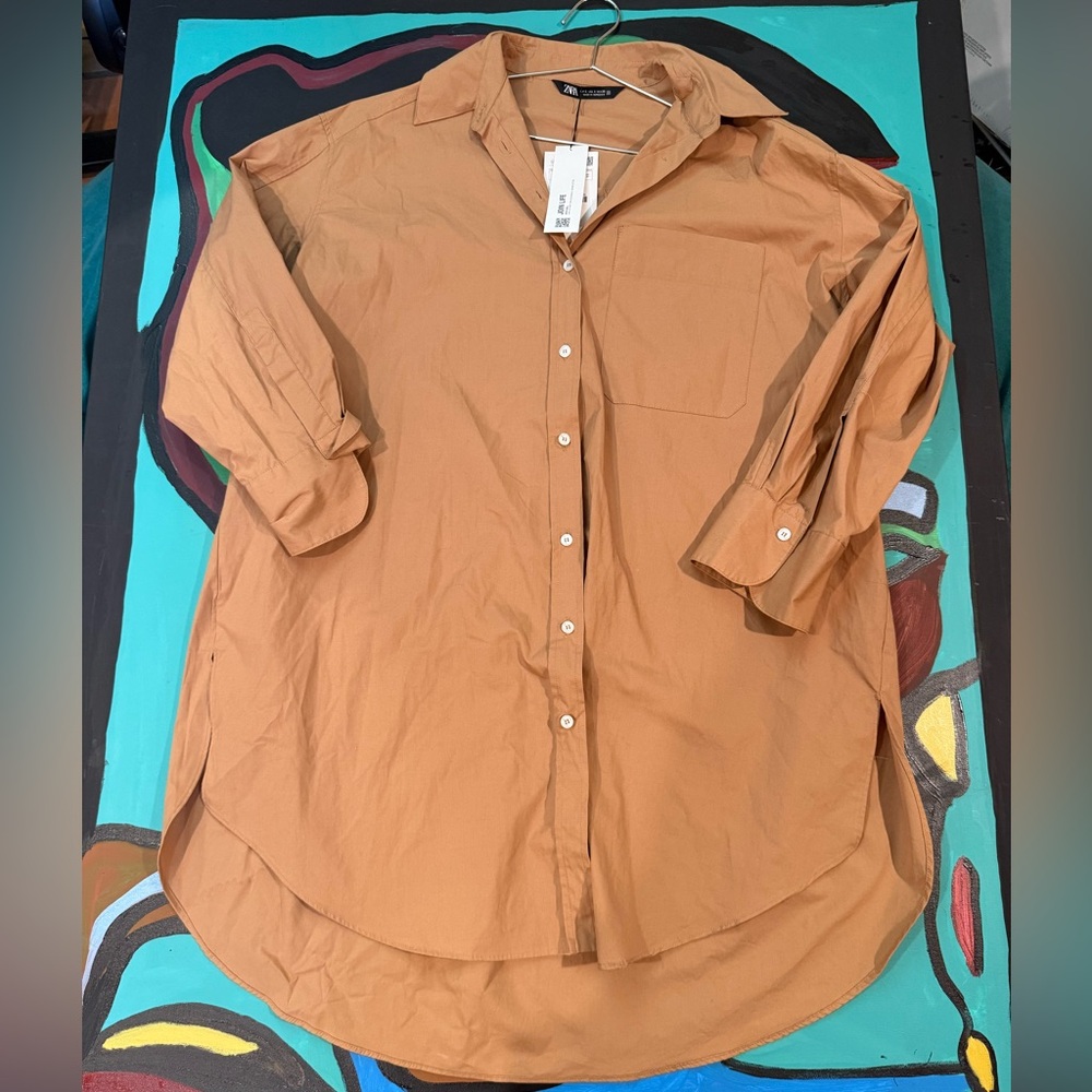 Zara Women’s Oversized Brown Casual Button-Down Shirt Dress, S (fits like large)